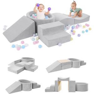 Foam Climbing Blocks with Ball Pit Designed for Toddlers Aged 1-3 -Great for Indoor Crawling, Inside Foam Playground Set for Little Ones to Active Playing -(Balls NOT Included) Grey (Grey-5 Pieces)