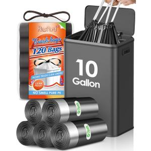 10 Gallon Drawstring Trash Bags (fit 30-35 Liter), 120 Counts Medium Large Kitchen Garbage Bags Trash Can Liners for Home, Office, Light Residential Waste Outdoor Lawn Bags, Black
