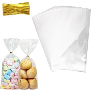 QOIUSO 100pcs Cellophane Treat Bags: 5 x11 Inch Clear Cellophane Bags for Treat Candy Snacks Cookies Dessert Bakery Gift Wrapping - Plastic Goodie Bags with 110 Twist Ties for Party Favors