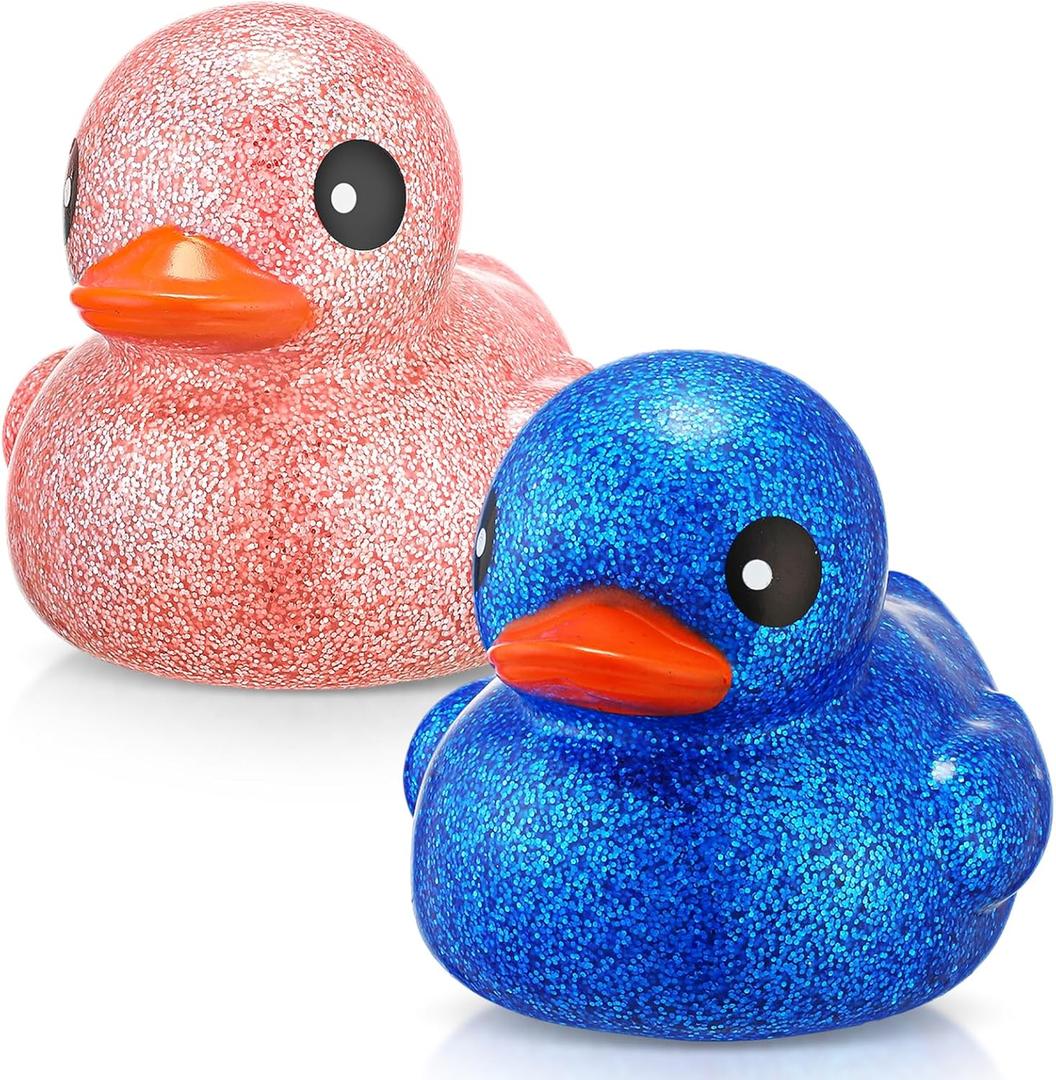 Honoson 2 Pcs 6.89 Inch Giant Glitter Rubber Ducks Big Sparkly Rubber Ducks Jumbo Bathtub Supplies with Squeaky Sound for Pool Activity Birthday Gift(Glitter,Blue, Pink)