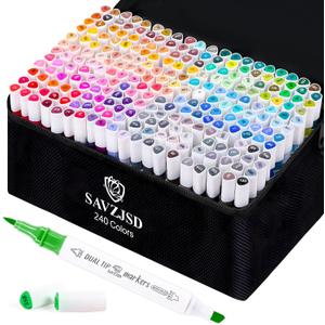 SAVZJSD 240 Colors Markers Set, 240 Colors Dual Tip Markers Set, Fine & Chisel Double Tipped Art Markers for Kids Adults Beginners & Artists in Coloring, Painting(Water-Based Markers)