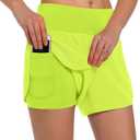 Ksmien Women's 2 in 1 Running Shorts - Lightweight Athletic Workout Gym Yoga Shorts Liner with Phone Pockets, Large, Fluores Yellow