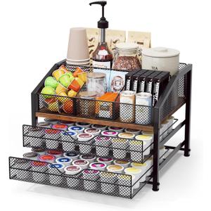 Coffee Bar Organizer - Coffee Station for Countertop, Metal and Wood K Cup holder Storage Basket for Coffee Pods, Syrup, Cups, Stirrer, Coffee Condiment, Tea Organizer, Black and Brown