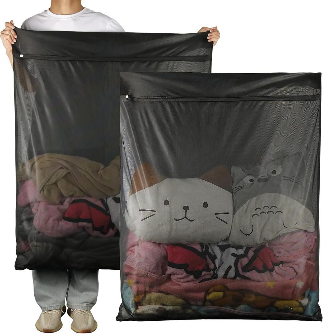 2Pcs Extra Large Mesh Laundry Bags for Washing Machine - Ideal for Delicates, Blankets, Sheets, Bedding, Toys, Pet Items - Zippered Mesh Bags for Travel, Storage, Dorms, Home (43 x 35 Inches) (Black)