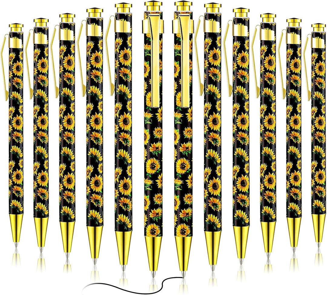 Yexiya 12 Pieces Sunflower Pens Ballpoint Click Ball Pens Reusable Retractable Journaling Sunflower Party Favors Black Ink Medium Point 1.0 mm Gift for School Office Women and Men