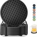 Coasters for Drinks, Silicone Coasters Set of 8 with Metal Holder, Outdoor Coaster for Coffee Table, Non-Slip Rubber Table Cup Mat Desk, Heat Resistant & Scratch-Proof (Black)