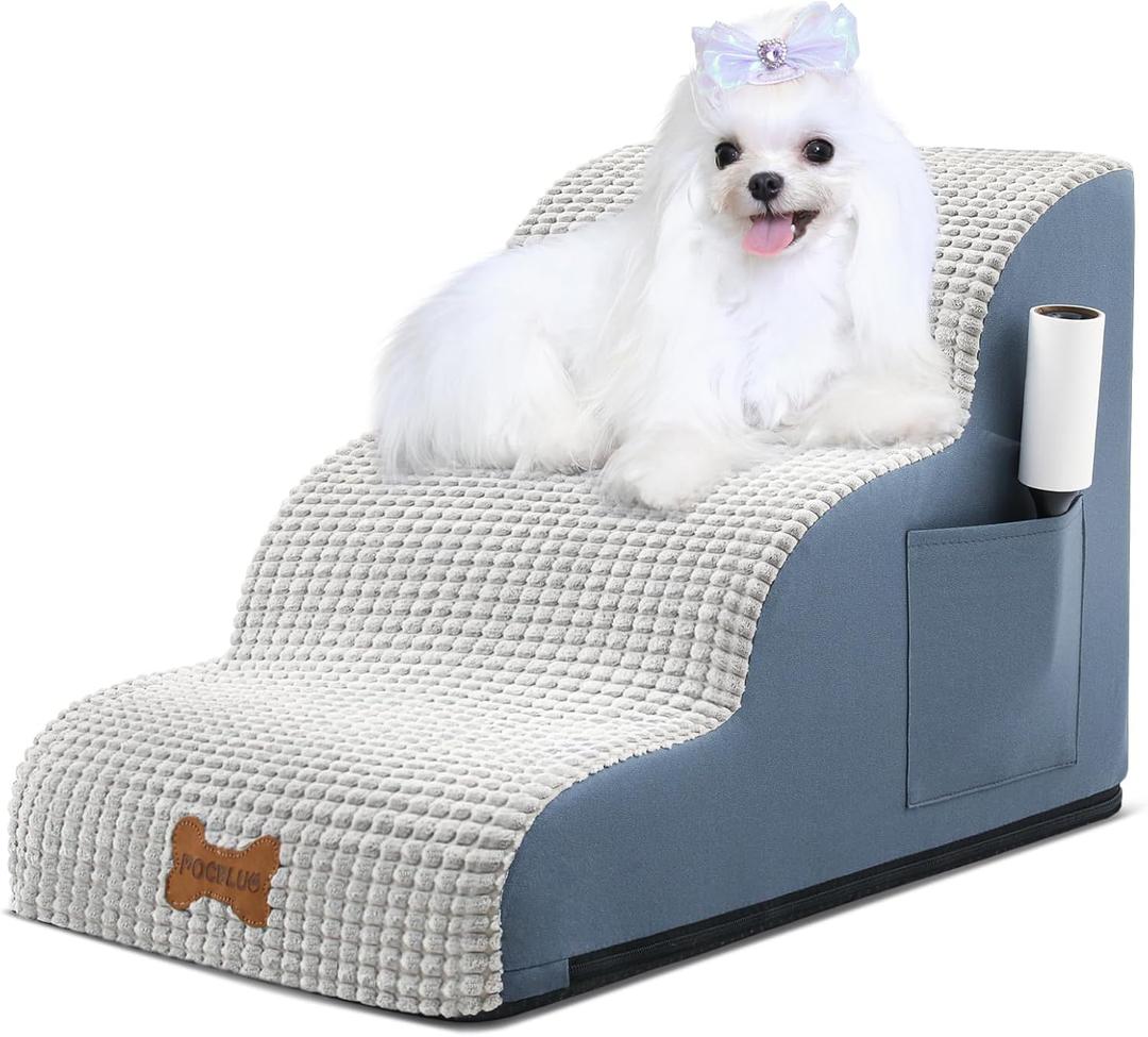 Dog Stairs for Small Dogs, Curved Pet Step with Leakproof Cover, High Density Foam Cat Ramp for Bed or Sofa, 3 Steps Grey (15.7x22.8x15.7in)