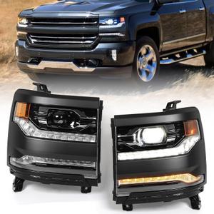 FIONE Full LED Headlights Assembly Compatible with Chevy Silverado 1500 2016 2017 2018/2019 Silverado 1500 LD Clear Lens Black Housing W/LED DRL Projector Headlamp Left Driver Right Passenger Side