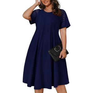 Eytino Womens Plus Size Dress Lace Short Sleeve Crewneck Casual Pleated Swing Midi Dresses With Pockets(1X-5X)
