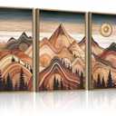 IARTTOP Mountain Framed Canvas Wall Art Set of 3 Vintage Modern Mountain Sun Wall Painting Nature Scenery Print Abstract Tree Ring Wall Decor for Living Room Bedroom Office-16x24 Inch