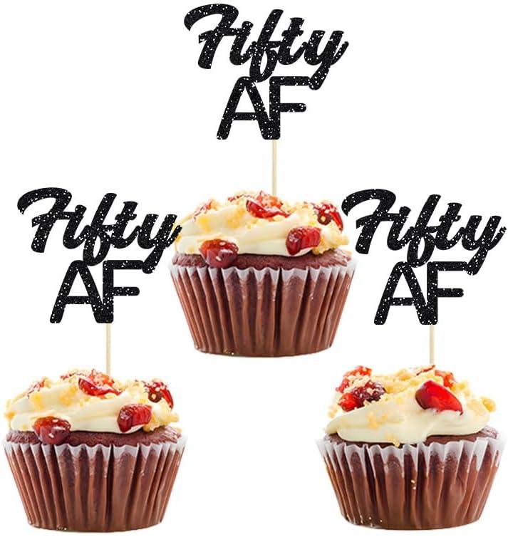 24 Pack Black Glittery Fifty AF Cupcake Toppers Dirty Fifty50th Birthday 50th Anniversary Celebrate 50 Years Retirement Party Decoration