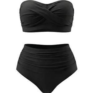 Yonique Women Plus Size Two Piece Swimsuits High Waisted Bathing Suits Bandeau Bikini Tummy Control Swimwear (Medium, Black)