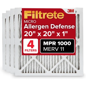 Filtrete 20x20x1 AC Furnace Air Filter, MERV 11, MPR 1000, Micro Allergen Defense, 3-Month Pleated 1-Inch Electrostatic Air Cleaning Filter, 4 Pack (Actual Size 19.69x19.69x0.81 in)