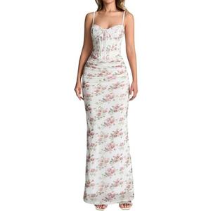 KUTUMAI Vintage Lace Corset Floral Maxi Long Dress Bodycon Ruched Tie Formal Wedding Guest Dresses for Women Elegant Size XS