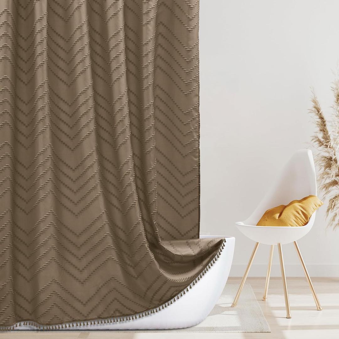 Boho Farmhouse Shower Curtain Woven Fabric Khaki Shower Curtain, 72 x 72 Tufted Chevron Textured Striped Modern Farmhouse Minimalist Shower Curtain for Bathroom
