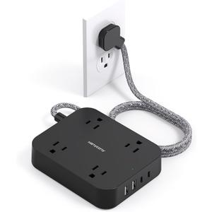 Black Flat Plug Extension Cord, HANYCONY 5ft Power Strip with 4 USB Ports(2 USB C), 4 Widely Outlets Extender, Wall Mount, Desk Charging Station for Office, School, Travel and Dorm Room Essentials