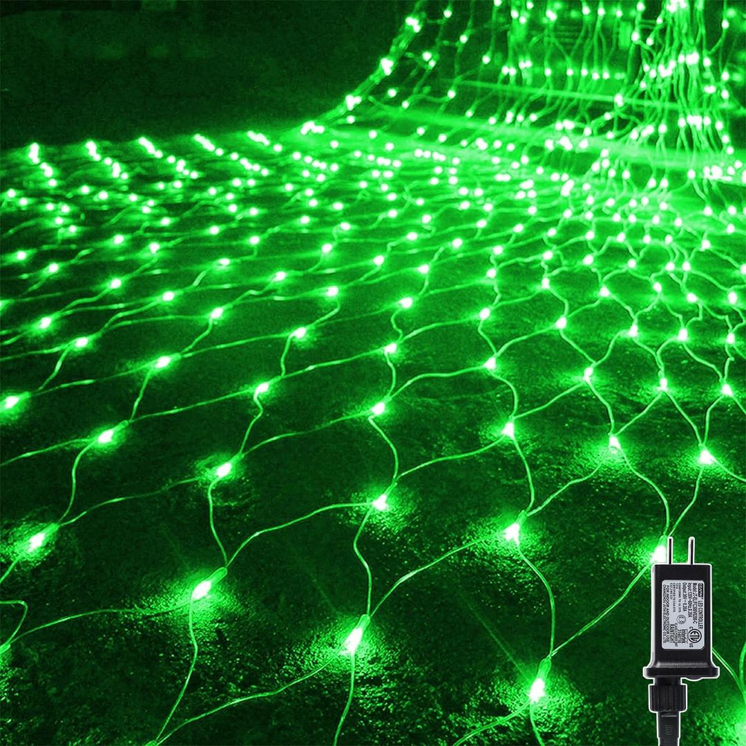 WATERGLIDE Outdoor Christmas Net Lights, 12FT x 5FT 360 LED Mesh String Light with 8 Lighting Modes, Connectable Waterproof Lights for Garden Tree Bushes, St. Patrick's Day Party Decorations, Green