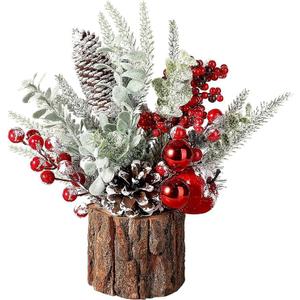Small Christmas Tree Tabletop Artificial Mini Christmas Tree Decorations,27cm Christmas Centerpiece Small Potted Christmas Tree with Pine Cones and Berries (A)