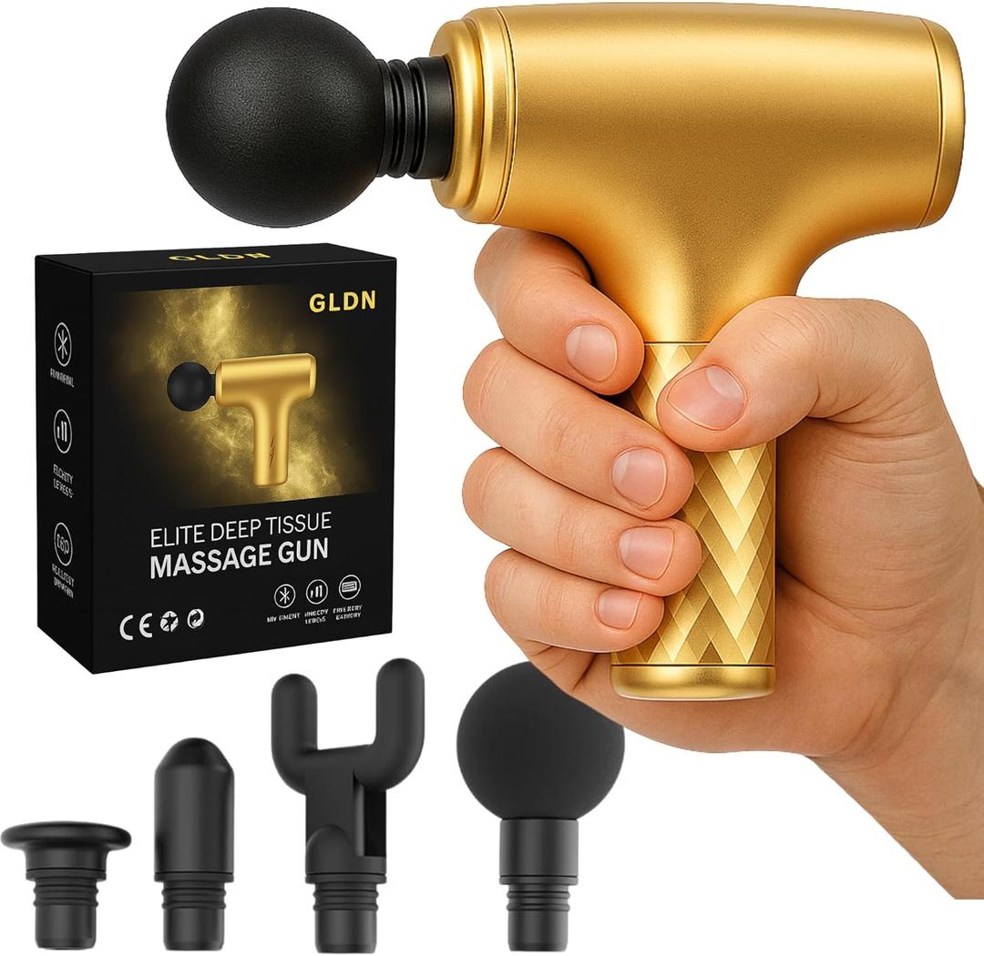 GLDN Mini Massage Gun with Luxurious Gold Finish, High Intensity Deep Tissue Percussion Massager for Back, Neck, & Body Pain, Electric Massager with 4 Massage Heads, Pain Relief Gifts for Men & Women