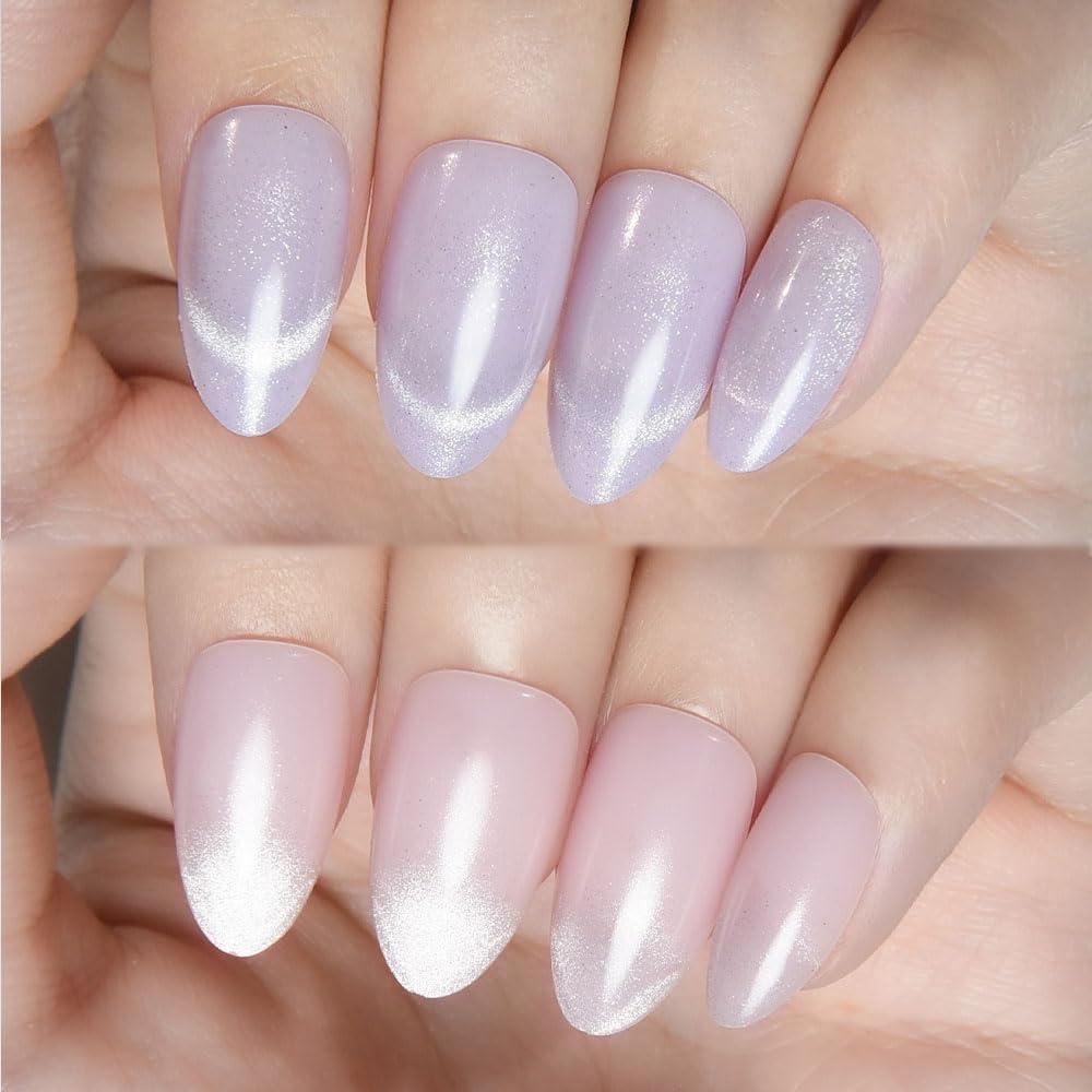 Cat Eye Press on Nails Short Almond - Light Purple & Nude Pink Shimmer Glossy French Tip Press on Nails for Gift, Soft Gel Press Stick on Nail with Nail Kit, Full Cover Reusable Acrylic Fake Nails Kit (60 Ounce (Pack of 1))