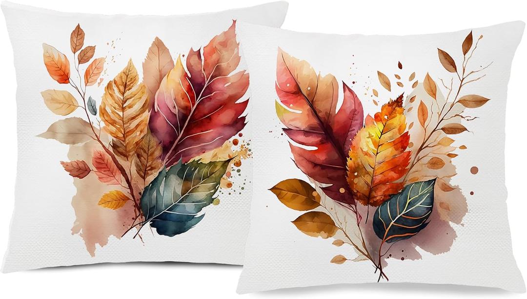 Fall Leaf Pillow Covers 18x18, Fall Room Decor, Rustic Farmhouse Autumn Leaves Botanical Decorative Throw Pillow Covers Pillowcases for Home Living Room Bedroom, Set of 2