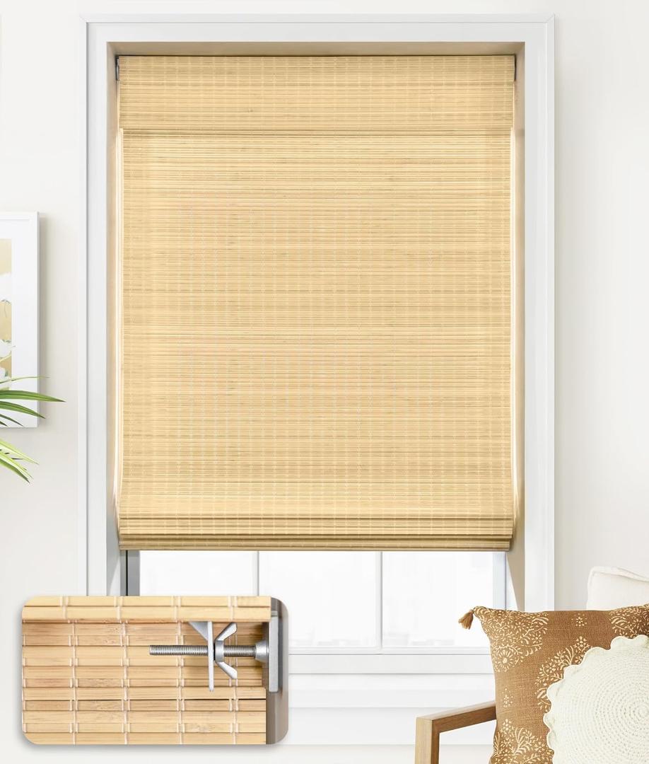 LazBlinds No Tools No Drill Cordless Bamboo Roman Shades, Privacy Room Darkening Window Treatment, Roll Up Bamboo Blinds for Window 36'' W x 64'' H, DP-Natural