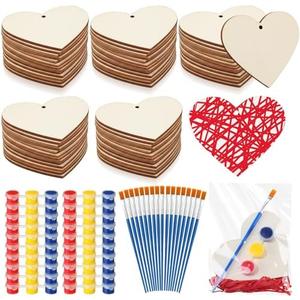 Foilswirl 30 Sets Valentine's Day DIY Heart Painting Kit Valentines Paint Set Complete Wooden Craft Set with Wooden Heart Paints Brushes Raffia and Gift Bags for Gifts Exchange Valentines Party Favor