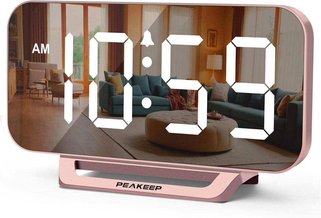 Peakeep Slim Digital Mirror Aesthetic Alarm Clock for Bedroom Living Decor, Plug in Electric Clock Big LED Modern Small Table Clock for Office Desk, Battery Backup, 6 Dimmers (Rose Gold)