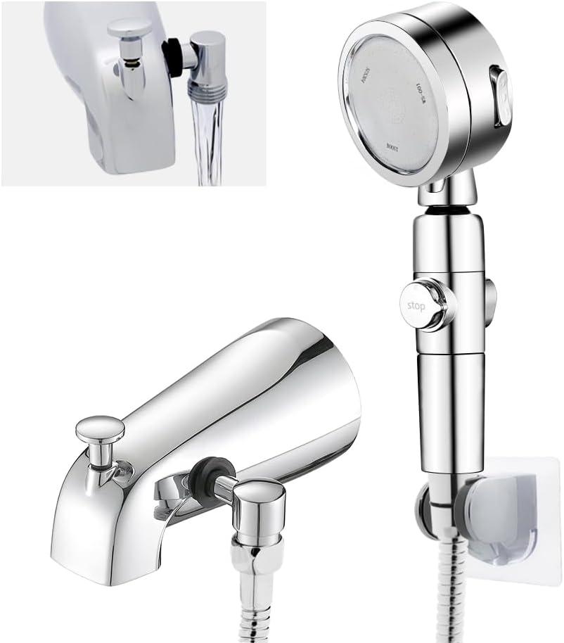 Chrome Tub Spout with Diverter Slip fit 1/2 inch Copper Tube, High Pressure filtered Handheld Shower with 3 Spray Modes On/Off Switch, 59 inch hose, Bracket, No Drill Required Install