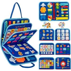 Toddler Busy Board Montessori Toys for 3 4 5 6Year Old, Preschool Learning Activities with Life Skills,ABC,123,Shape,Color,Animal,Weather,Toddler Travel ToysEducational Activity Developing Sensory (Blue)