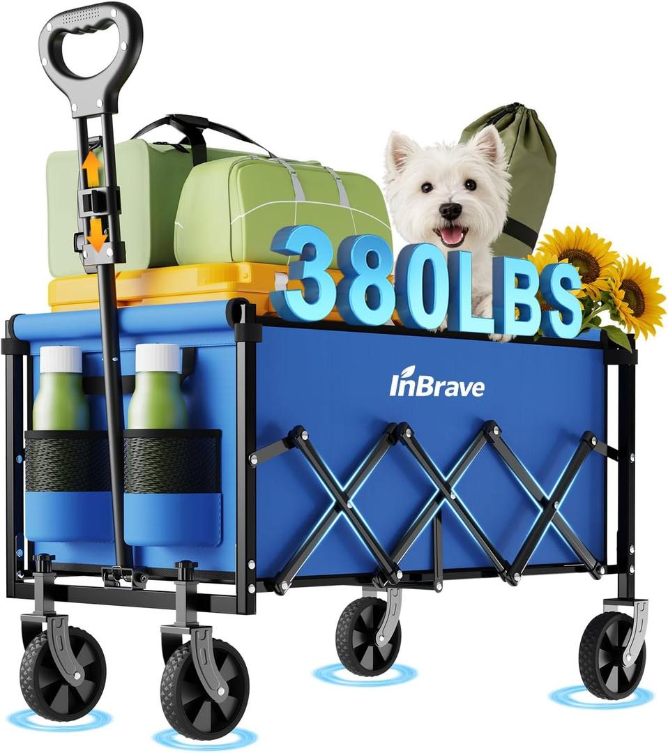 Collapsible Wagon Cart, 380LBS Heavy Duty Utility Wagons with All-Terrain Wheels, Foldable Grocery Carts for Gardening, Shopping, Beach, Camping, Blue