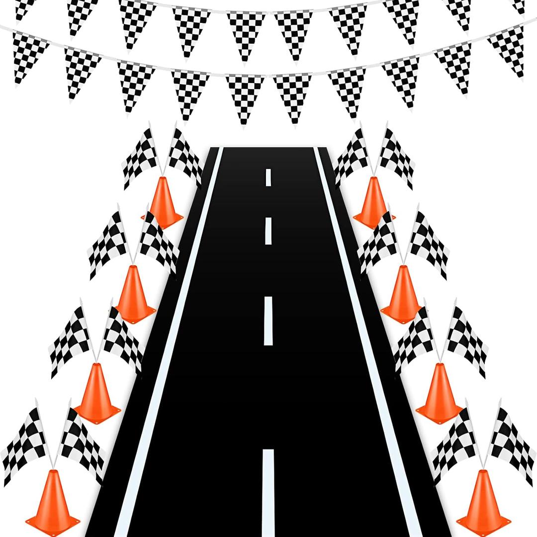 22 Pcs Race Car Party Decorations, Racetrack Floor Runner Traffic Cones with Hole on Top and Racing Flags Set with 9.8 ft Race Track Banner for Racing Car Party Supplies