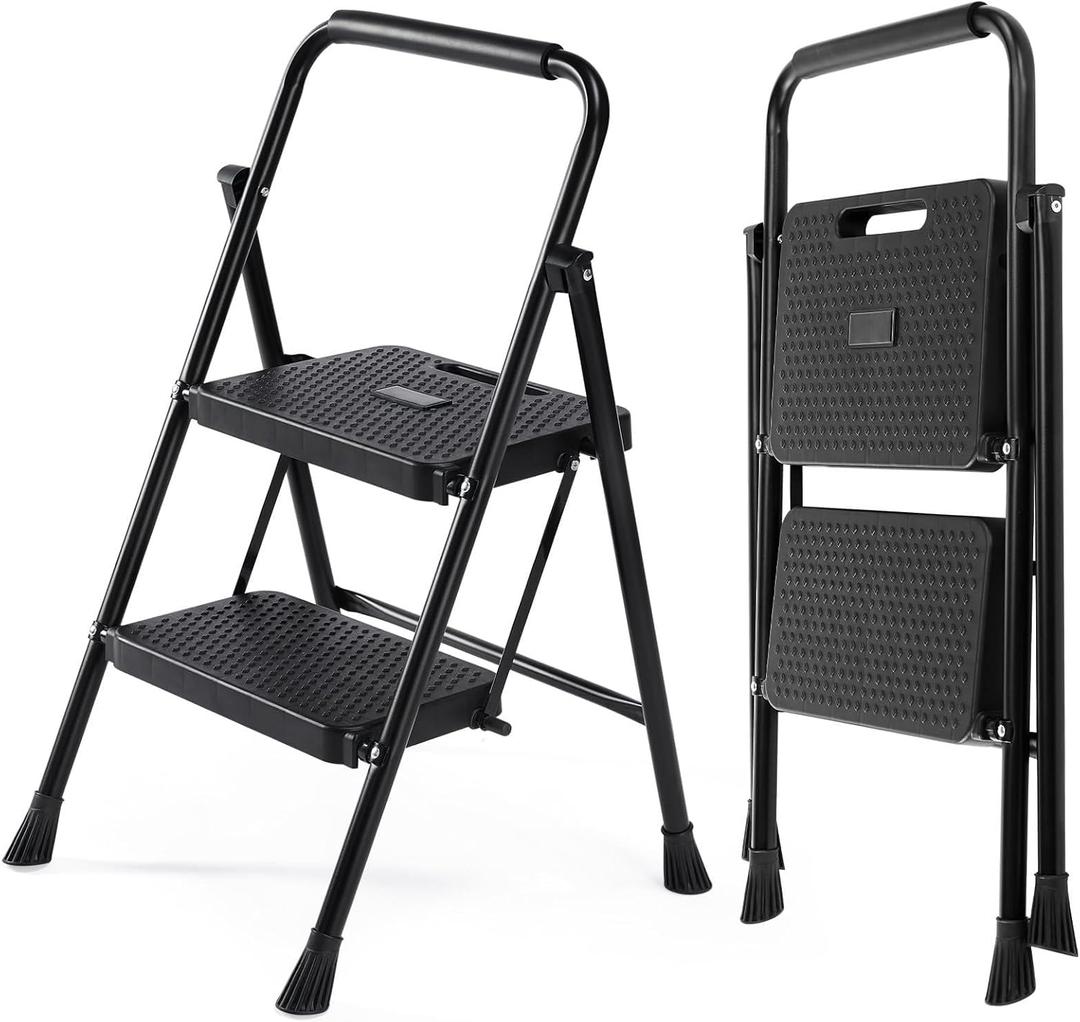 Sweetcrispy 2 Step Ladder, 800lbs Folding Step Stool with Wide Anti-Slip Pedal, Sturdy Ladder, Convenient Handrail, Lightweight, Portable Step Stool