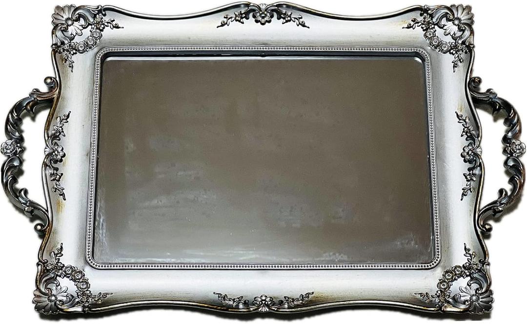 Rectangle Vintage Decorative Mirror Tray, Cosmetics Makeup Storage Jewelry Dresser Organizer Tray, Serving Tray (Silver- Rectangle)