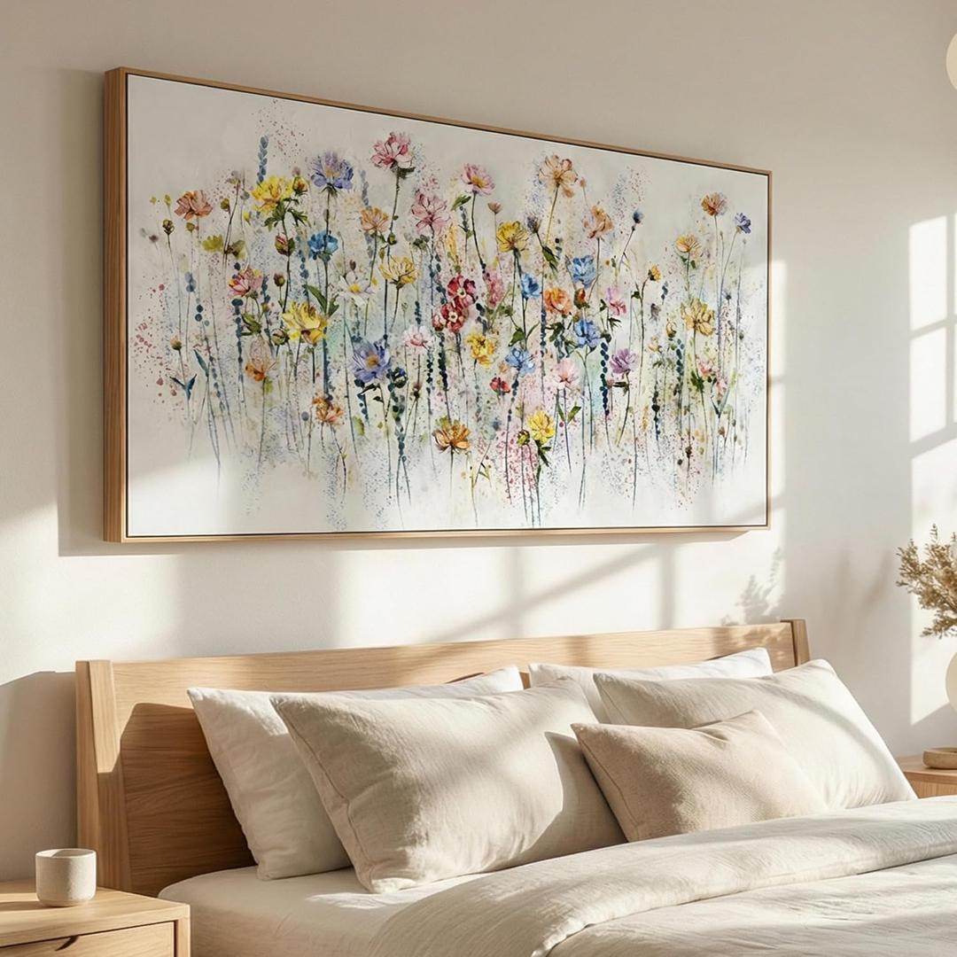 Tucai Decor Framed Wildflower Wall Art Canvas Print Floral Botanical Painting in Pink Blue Yellow Abstract Flowers Pictures Home Decor 20 x 40 Inch Wall Decorations for Living Room Bedroom Ready to Hang
