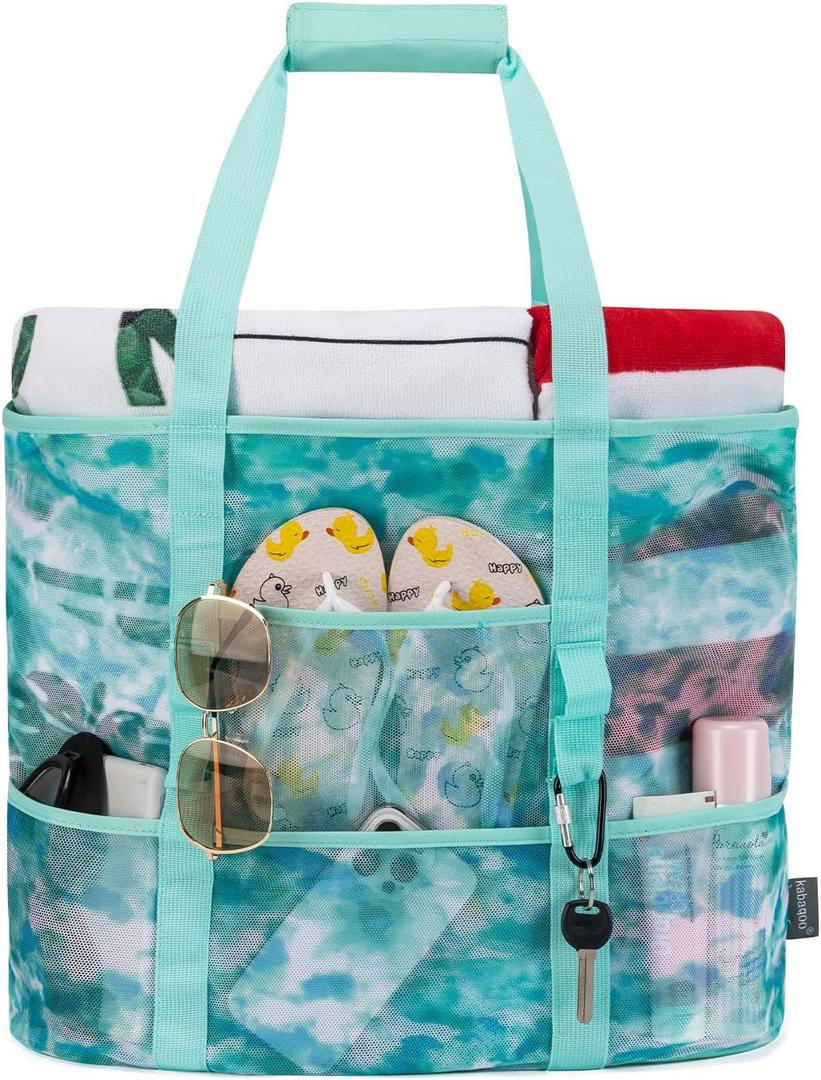 KABAQOO Mesh Beach Bag, Extra Large Beach Bags with 9 Pockets & Zipper Waterproof Lightweight Beach Tote for Beach/Pool Trip