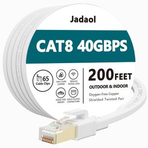 Jadaol Cat 8 Ethernet Cable 200ft (60.96m), 40Gbps 2000MHz Flat S/FTP LAN Patch Cable, High-Speed Cat8 Network Cable for Router, Modem, Switch, Gaming Consoles, PC, Smart TV & Streaming Devices, White