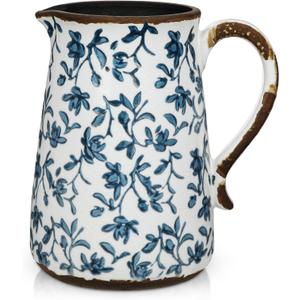 Ceramic Rustic Farmhouse Vase, 7.9" Blue and White Vase for Centerpieces Chinoiserie Vases Pottery Jug with Handle Chinoiserie French Country Decor Vintage Vases for Living Room Kitchen Dinner Table