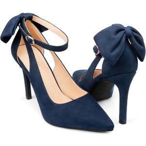 COLETER Womens Bow Knot High Heels Pointed Toe Stiletto Ankle Strap D'Orsay Pumps Bow Evening Dress Shoes (9, Navy Blue)