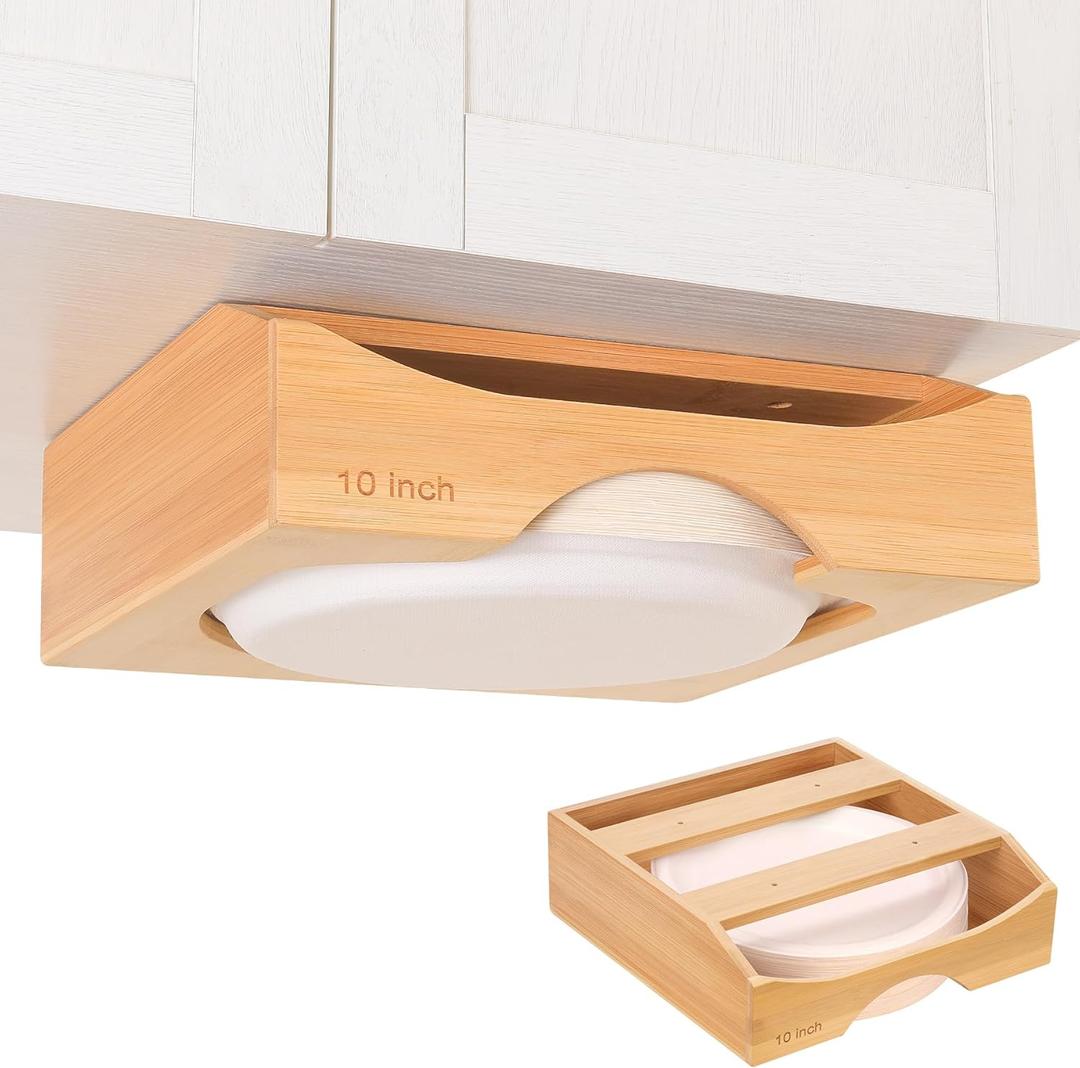 10-inch Paper Plate Dispenser Under Cabinet, Bamboo Paper Plate Holders, Kitchen Counter Vertical Plate Dispensers Holders Countertop Caddy(For 10-inch Plates, Bamboo)