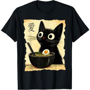 Funny Cat Ramen Graphic Tee Japanese Kawaii Anime Cat T-Shirt, S