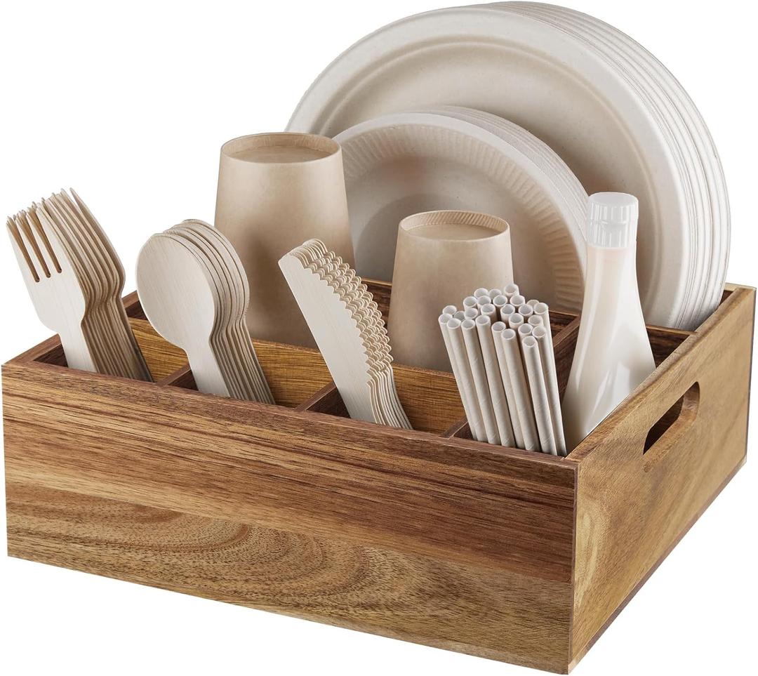 ALELION Acacia Wood Utensil Holder for Party - Paper Plate Organizer for Countertop - Silverware Caddy with 6 Compartments for Plate, Cup, Fork, Spoon - Cutlery Holder for Kitchen Camping Buffet