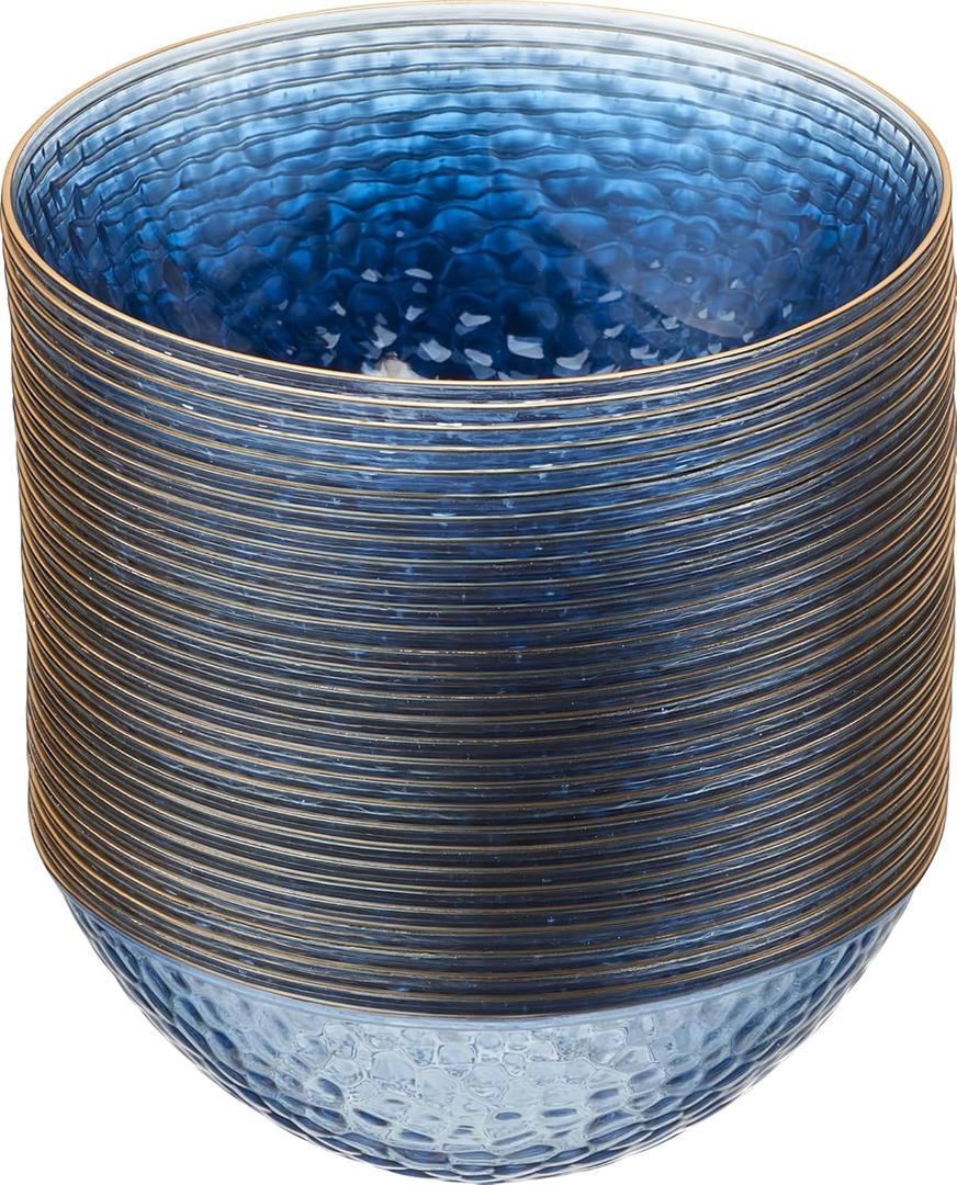 PLASTICPRO 30 Pack 12 Ounce Hammered Plastic Bowls Translucent Blue with Gold Rim Heavyweight Disposable Plastic Soup Bowls Elegant Translucent Hammered Gold Rim Platsic Party Dishes (12 Ounce Bowls, Hammered Blue With Gold Rim)