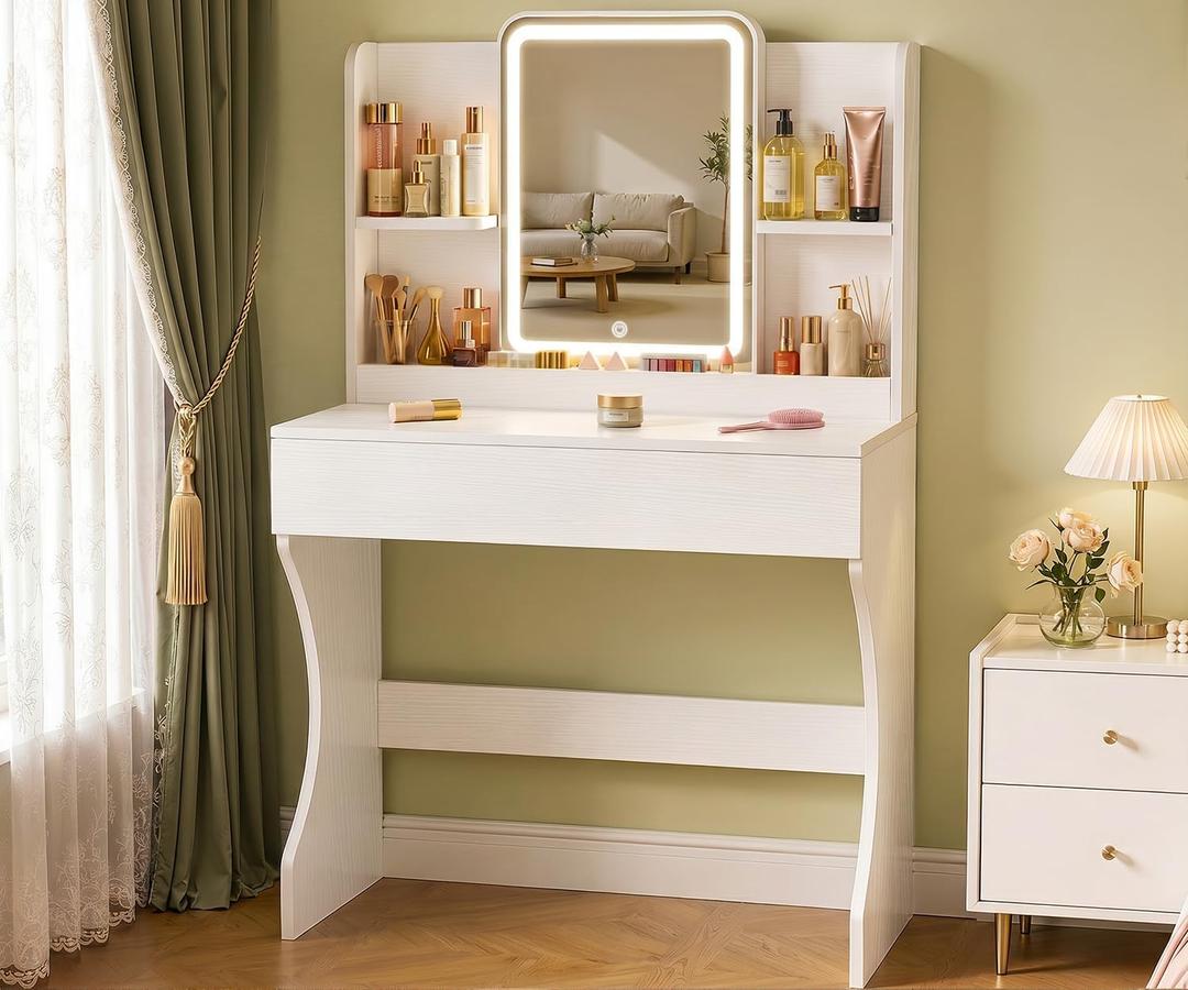 White Small Vanity Desk with Mirror and 3 Adjustable Light Modes, 31.5" D x 15.7" W x 50.8" H