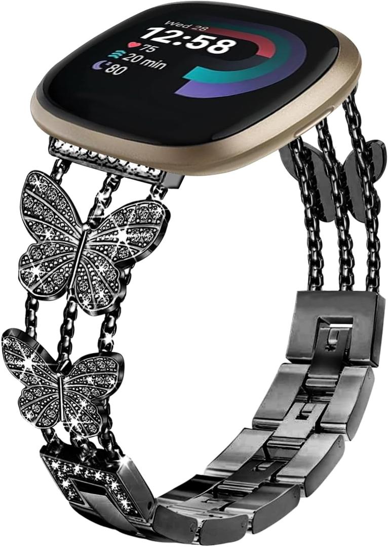 Bling Band, Compatible for Fitbit Versa 2/1/Lite/SE, 22mm Diamond Stylish Women Strap Replacement for Fitbit Versa Smartwatch (Butterfly-Black)