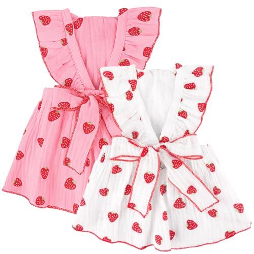 BAOBICUTE 2 Pack Dog Dress Clothes for Small Dogs Girl with Leash Ring & Bow cat Dog Outfit Strawberry Printed Pet Cat Apparel Sweet Ruffled Chihuahua Yorkie Puppy Clothes Small