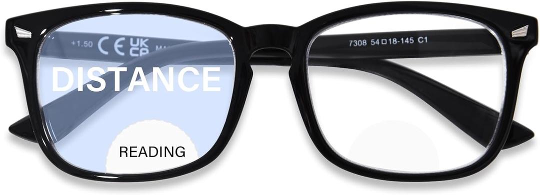 OPTOFENDY Bifocal Reading Glasses for Women Men, Square Clear Top Blue Light Blocking Computer Readers (Bright Black)