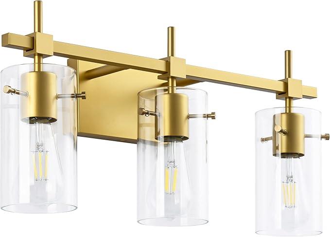 SOLFART Vintage Vanity Lights Bathroom Light Fixture Over Mirror for Bath Glass Shade Light Black and Brass Modern Style 3 Lights