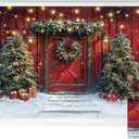 Kate Red Door Christmas Photo Backdrop Rustic Barn Backdrop Christmas Trees Portrait Photography Backgrounds Outside Farm Photo Props for Pictures, 7X5ft