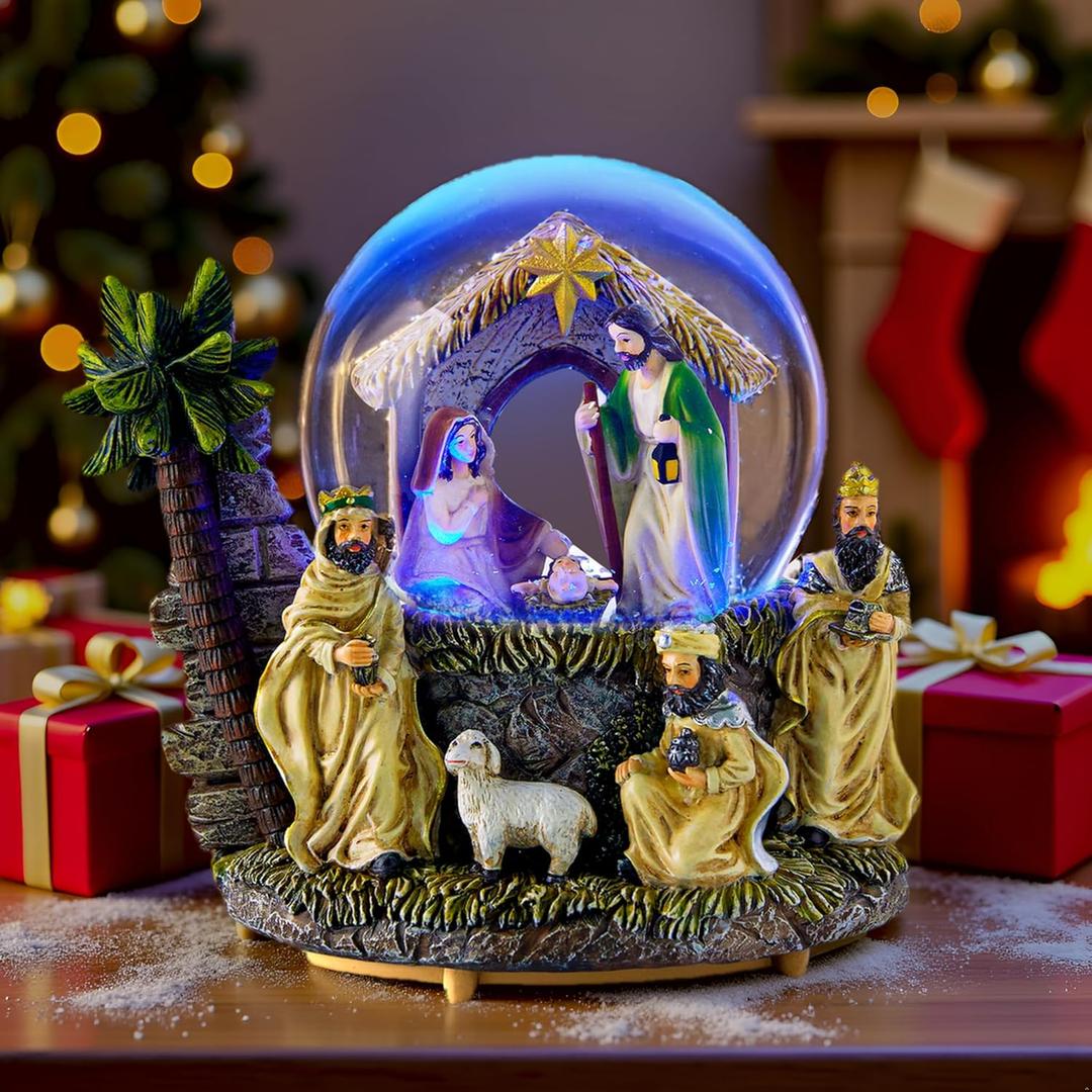 Nativity Christmas Snow Globe Lantern, Musical Snow Globe with Lighted Nativity Scene, Large Snow Globe for Christmas Decorations Indoor for Home